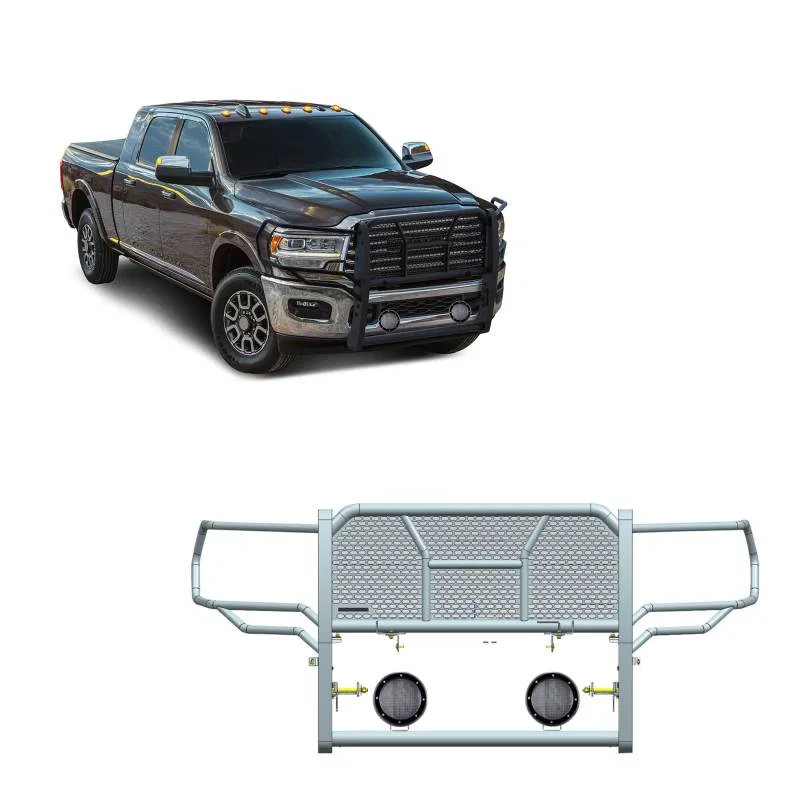 RU-DORA20-B-PLFB – BLACK HORSE Grille Guard, 3-Piece Modular Semi-Gloss Powder Coat Black Steel 2-1/4 Inch Bar Diamet...